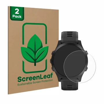 Parte frontale di una confezione del prodotto con il logo del marchio ScreenLeaf. Accanto è raffigurato il dispositivo Garmin 