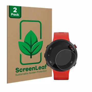 Parte frontale di una confezione del prodotto con il logo del marchio ScreenLeaf. Accanto è raffigurato il dispositivo Garmin 