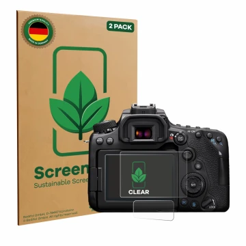 Parte frontale di una confezione del prodotto con il logo del marchio ScreenLeaf. Accanto è raffigurato il dispositivo Canon E
