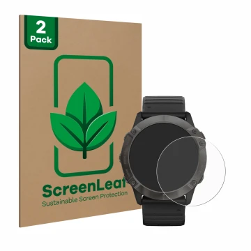 Parte frontale di una confezione del prodotto con il logo del marchio ScreenLeaf. Accanto è raffigurato il dispositivo Garmin 