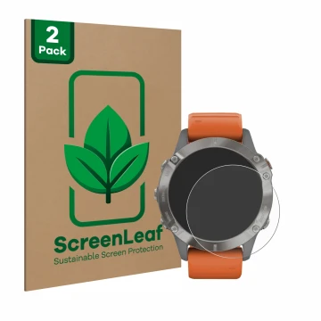 Parte frontale di una confezione del prodotto con il logo del marchio ScreenLeaf. Accanto è raffigurato il dispositivo Garmin 