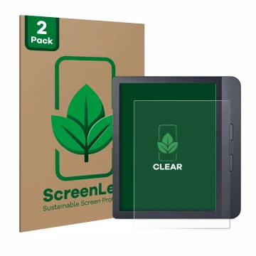 Parte frontale di una confezione del prodotto con il logo del marchio ScreenLeaf. Accanto è raffigurato il dispositivo Kobo Li