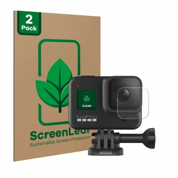 Parte frontale di una confezione del prodotto con il logo del marchio ScreenLeaf. Accanto è raffigurato il dispositivo GoPro H