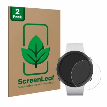 Parte frontale di una confezione del prodotto con il logo del marchio ScreenLeaf. Accanto è raffigurato il dispositivo Garmin 