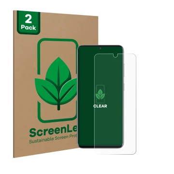 Parte frontale di una confezione del prodotto con il logo del marchio ScreenLeaf. Accanto è raffigurato il dispositivo Samsung