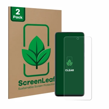 Parte frontale di una confezione del prodotto con il logo del marchio ScreenLeaf. Accanto è raffigurato il dispositivo Samsung