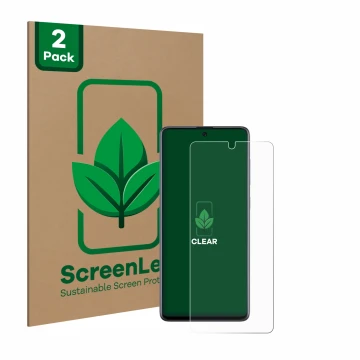 Parte frontale di una confezione del prodotto con il logo del marchio ScreenLeaf. Accanto è raffigurato il dispositivo Samsung