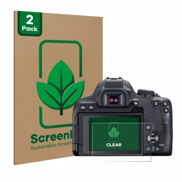 Parte frontale di una confezione del prodotto con il logo del marchio ScreenLeaf. Accanto è raffigurato il dispositivo Canon E