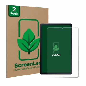 Parte frontale di una confezione del prodotto con il logo del marchio ScreenLeaf. Accanto è raffigurato il dispositivo Samsung