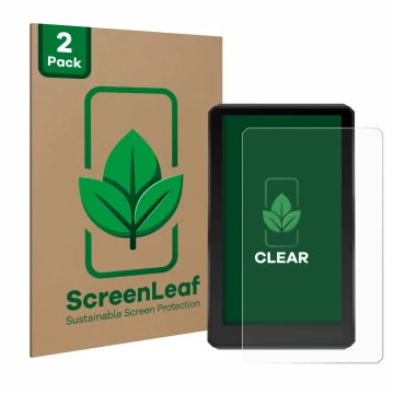 Parte frontale di una confezione del prodotto con il logo del marchio ScreenLeaf. Accanto è raffigurato il dispositivo Garmin 
