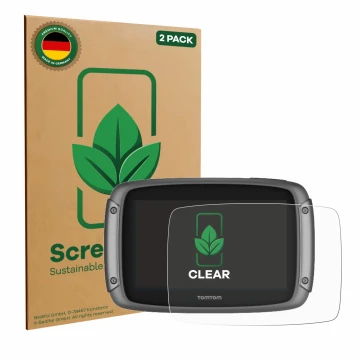 Parte frontale di una confezione del prodotto con il logo del marchio ScreenLeaf. Accanto è raffigurato il dispositivo TomTom 