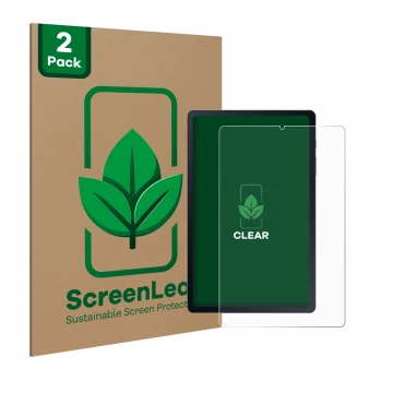 Parte frontale di una confezione del prodotto con il logo del marchio ScreenLeaf. Accanto è raffigurato il dispositivo Samsung