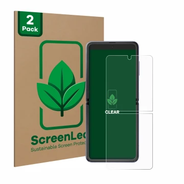 Parte frontale di una confezione del prodotto con il logo del marchio ScreenLeaf. Accanto è raffigurato il dispositivo Samsung