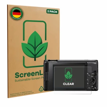 Parte frontale di una confezione del prodotto con il logo del marchio ScreenLeaf. Accanto è raffigurato il dispositivo Sony ZV