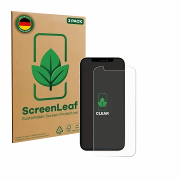 Parte frontale di una confezione del prodotto con il logo del marchio ScreenLeaf. Accanto è raffigurato il dispositivo Apple i