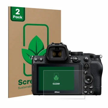 Parte frontale di una confezione del prodotto con il logo del marchio ScreenLeaf. Accanto è raffigurato il dispositivo Nikon Z