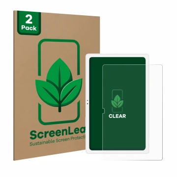 Parte frontale di una confezione del prodotto con il logo del marchio ScreenLeaf. Accanto è raffigurato il dispositivo Samsung