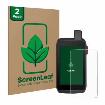 Parte frontale di una confezione del prodotto con il logo del marchio ScreenLeaf. Accanto è raffigurato il dispositivo Garmin 