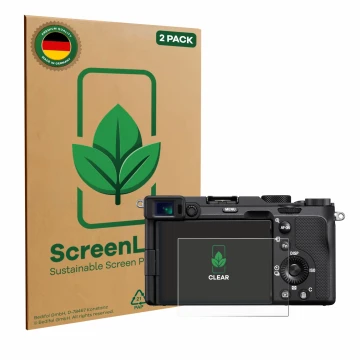 Parte frontale di una confezione del prodotto con il logo del marchio ScreenLeaf. Accanto è raffigurato il dispositivo Sony A7