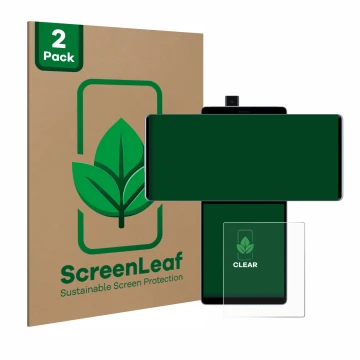 Parte frontale di una confezione del prodotto con il logo del marchio ScreenLeaf. Accanto è raffigurato il dispositivo LG Wing