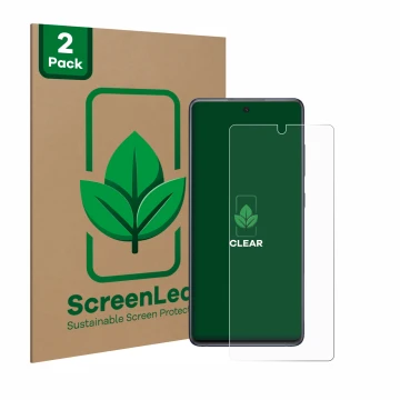 Parte frontale di una confezione del prodotto con il logo del marchio ScreenLeaf. Accanto è raffigurato il dispositivo Samsung