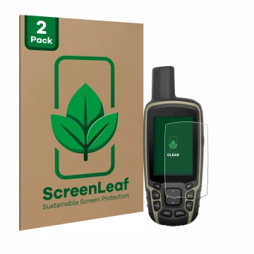 Parte frontale di una confezione del prodotto con il logo del marchio ScreenLeaf. Accanto è raffigurato il dispositivo Garmin 