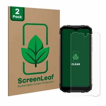 Parte frontale di una confezione del prodotto con il logo del marchio ScreenLeaf. Accanto è raffigurato il dispositivo Doogee 