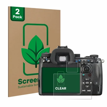 Parte frontale di una confezione del prodotto con il logo del marchio ScreenLeaf. Accanto è raffigurato il dispositivo Pentax 