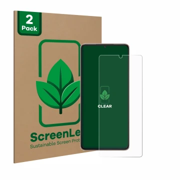 Parte frontale di una confezione del prodotto con il logo del marchio ScreenLeaf. Accanto è raffigurato il dispositivo Samsung