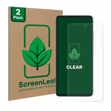 Parte frontale di una confezione del prodotto con il logo del marchio ScreenLeaf. Accanto è raffigurato il dispositivo Samsung