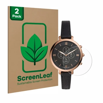 Parte frontale di una confezione del prodotto con il logo del marchio ScreenLeaf. Accanto è raffigurato il dispositivo Fossil 
