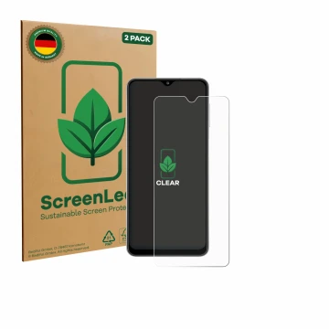 Parte frontale di una confezione del prodotto con il logo del marchio ScreenLeaf. Accanto è raffigurato il dispositivo Samsung