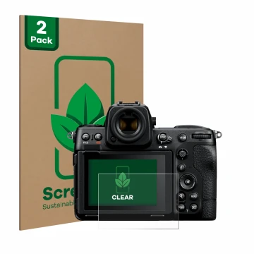 Parte frontale di una confezione del prodotto con il logo del marchio ScreenLeaf. Accanto è raffigurato il dispositivo Nikon Z