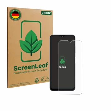 Parte frontale di una confezione del prodotto con il logo del marchio ScreenLeaf. Accanto è raffigurato il dispositivo Samsung
