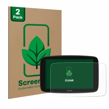 Parte frontale di una confezione del prodotto con il logo del marchio ScreenLeaf. Accanto è raffigurato il dispositivo TomTom 