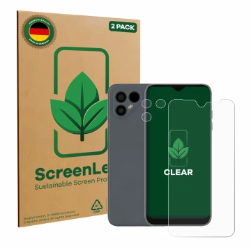 Parte frontale di una confezione del prodotto con il logo del marchio ScreenLeaf. Accanto è raffigurato il dispositivo Fairpho