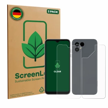 Parte frontale di una confezione del prodotto con il logo del marchio ScreenLeaf. Accanto è raffigurato il dispositivo Fairpho