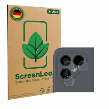 Parte frontale di una confezione del prodotto con il logo del marchio ScreenLeaf. Accanto è raffigurato il dispositivo Fairpho