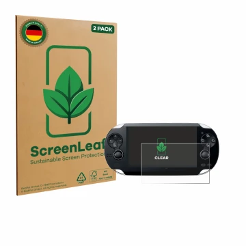 Parte frontale di una confezione del prodotto con il logo del marchio ScreenLeaf. Accanto è raffigurato il dispositivo Sony Pl