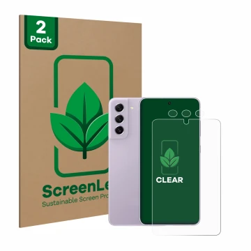 Parte frontale di una confezione del prodotto con il logo del marchio ScreenLeaf. Accanto è raffigurato il dispositivo Samsung