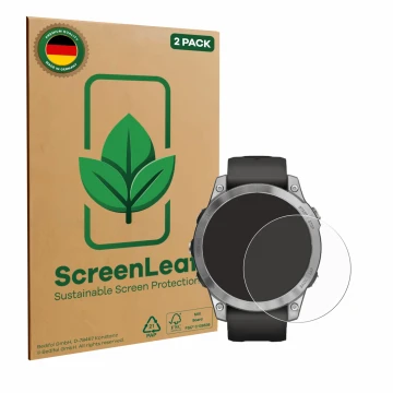 Parte frontale di una confezione del prodotto con il logo del marchio ScreenLeaf. Accanto è raffigurato il dispositivo Garmin 