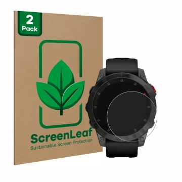 Parte frontale di una confezione del prodotto con il logo del marchio ScreenLeaf. Accanto è raffigurato il dispositivo Garmin 
