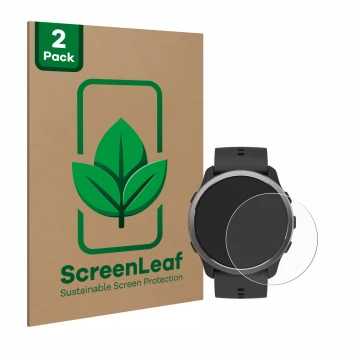 Parte frontale di una confezione del prodotto con il logo del marchio ScreenLeaf. Accanto è raffigurato il dispositivo Suunto 