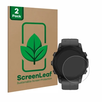 Parte frontale di una confezione del prodotto con il logo del marchio ScreenLeaf. Accanto è raffigurato il dispositivo Garmin 