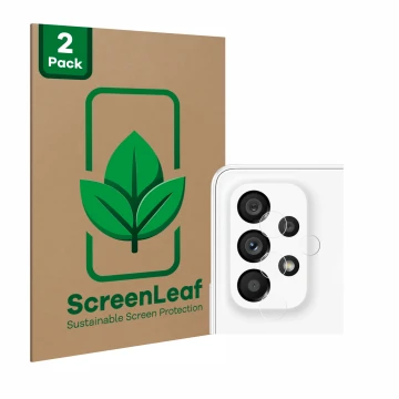 Parte frontale di una confezione del prodotto con il logo del marchio ScreenLeaf. Accanto è raffigurato il dispositivo Samsung