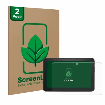 Parte frontale di una confezione del prodotto con il logo del marchio ScreenLeaf. Accanto è raffigurato il dispositivo Amazon 