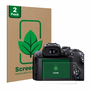 Parte frontale di una confezione del prodotto con il logo del marchio ScreenLeaf. Accanto è raffigurato il dispositivo Canon E