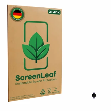 Parte frontale di una confezione del prodotto con il logo del marchio ScreenLeaf. Accanto è raffigurato il dispositivo Samsung