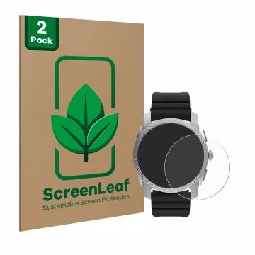 Parte frontale di una confezione del prodotto con il logo del marchio ScreenLeaf. Accanto è raffigurato il dispositivo Fossil 