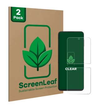 Parte frontale di una confezione del prodotto con il logo del marchio ScreenLeaf. Accanto è raffigurato il dispositivo Samsung
